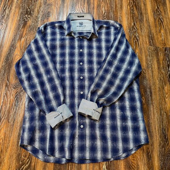 Bugatchi Men's XL Blue Button Up Casual Shirt Top Long Sleeve Plaid‎ Flip Cuff - Picture 2 of 8